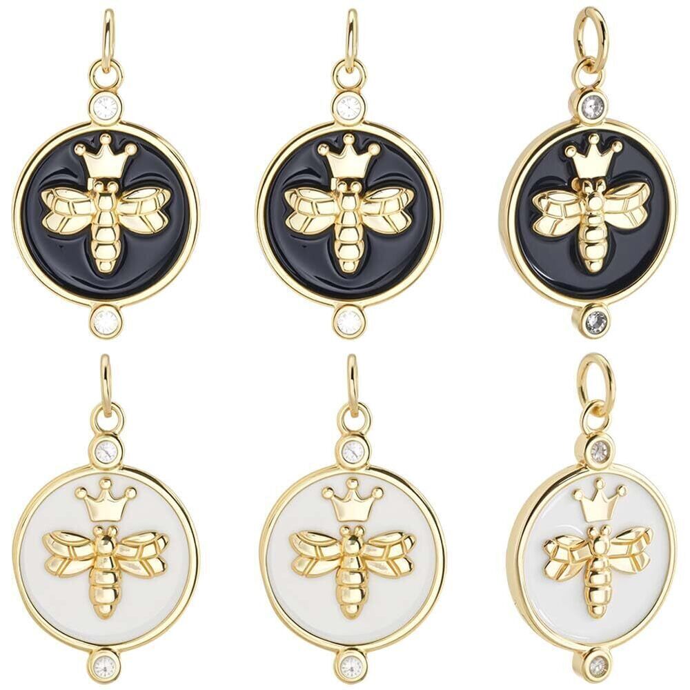 5054 1 Box 10Pcs Enamel Bees Charms 18K Gold Plated Brass Cubic Zirconia
